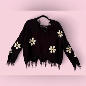 Black Daisy Knit Sweater Distressed Fringe Hem Oversized Cropped Floral Top
